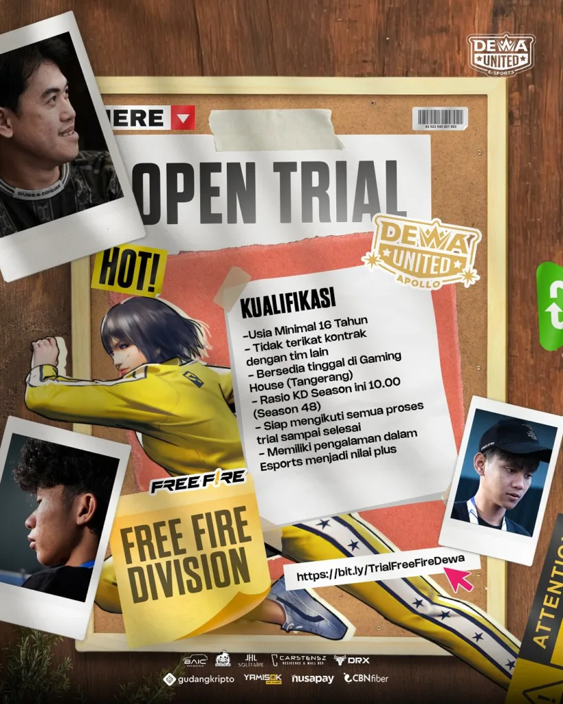 Rekrutmen Besar-Besaran! Dewa United Esports Buka Open Trial Pro Player Free Fire dan Lowongan Team Manager Sekaligus! 53 Poster Lowongan Esports Team Manager Dewa United Esports