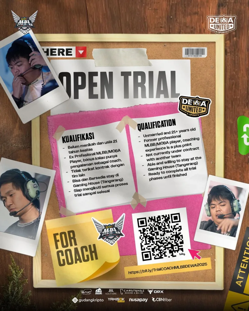 Dewa United Esports Buka Open Trial Divisi MLBB: Cari Player (Mythic 100) dan Coach Baru Sekaligus! 54 Poster Open Trial Player Dewa United MLBB 2025 Season 38